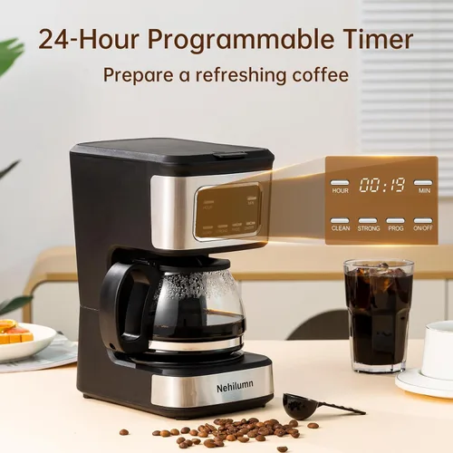 Vista 7 de Cafetera programable para 5 tazas, filtro reutilizable, indicador de nivel de agua transparente, apagado automático, cafetera negra y de acero