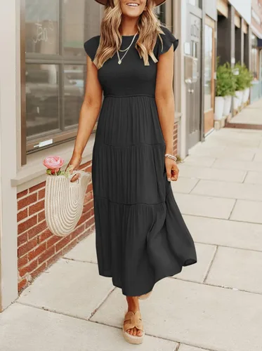 Vista 2 de MEROKEETY - Vestido midi fruncido de manga corta para mujer vestido de verano casual acampanado con cintura elástica y escalonado