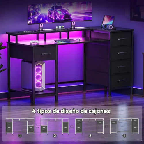 Vista 8 de Korfile - Escritorio para computadora de 47 pulgadas con 5 cajones de almacenamiento de tela, escritorio para juegos con tomas de corriente y luces