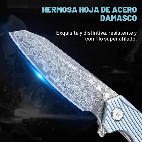 Vista 2 de Zingbee Cuchillo de bolsillo de Damasco de 3.46 pulgadas con clip, mango antideslizante azul DMXQ 1-azul