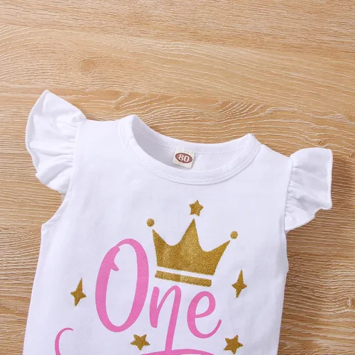 Vista 3 de Conjunto de mameluco de algodón para el primer cumpleaños para niñas con lentejuelas y lazo para la cabeza, 3 piezas