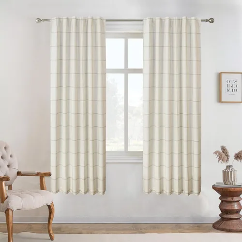 Vista 56 de DriftAway 2 paneles cortinas de lino a cuadros 100% opacas de doble capa cortinas para dormitorio de 96 pulgadas de largo estilo granja con Gris