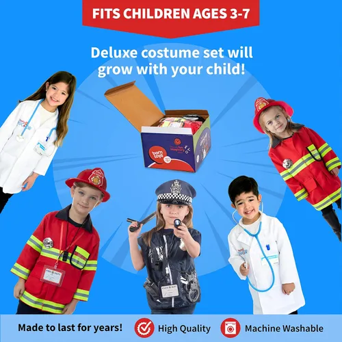 Vista 6 de Born Toys Ropa de vestir 3 en 1 para niños y niñas de 3 a 7 años, juego de simulación de policía, bombero y médico con accesorios de juguete