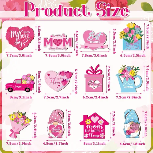 Vista 2 de Patelai 36 Piezas Adornos del Día de la Madre para Árbol Gnomo Rosa Floral Flores Mejor Mamá Amo a Mamá Letrero de Madera Decoraciones de Árbol