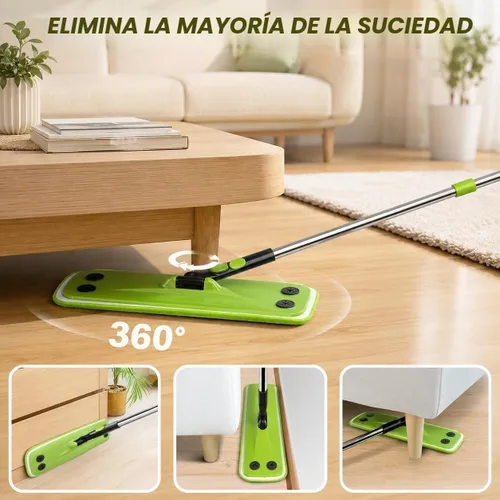 Vista 2 de Trapeador plano verde, fregona seca de 16 pulgadas con mango largo