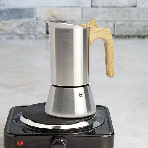 Vista 8 de Primula Cafetera y cafetera de acero inoxidable de alta calidad, olla moka para café clásico italiano, 6 tazas, mango de aspecto de madera