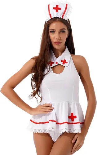 Vista 2 de YiZYiF Women's Adult Nurse Costumes Maid Lingerie Set Dress Sexy Role Play Outfit with Panties