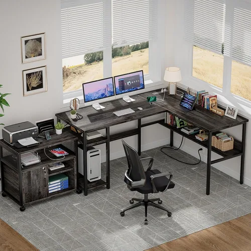 Vista 2 de Unikito Escritorio reversible en forma de L con tomas de corriente mágicas y puertos de carga USB, escritorio de esquina para computadora resistente
