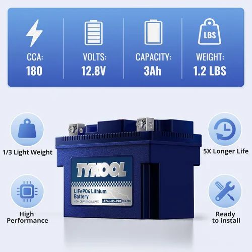 Vista 4 de TYKOOL YTX4L-BS-Pro Batería de litio de alto rendimiento para motocicleta, 180CCA 12.8V 3Ah LiFePO4, batería para deportes de motor, con BMS