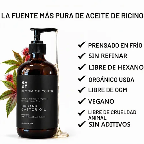 Vista 2 de Aceite de ricino orgánico prensado en frío 100% puro, botella de vidrio