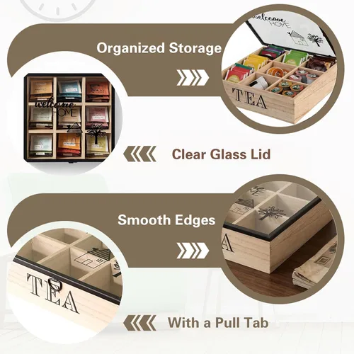 Vista 5 de Organizador de caja de té de madera con 9 compartimentos y ventana superior de acrílico transparente, caja de almacenamiento multifuncional, soporte