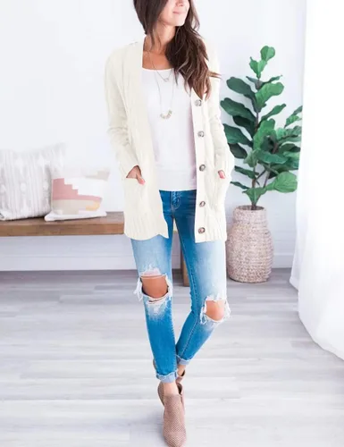 Vista 7 de MEROKEETY - Suéter de punto trenzado y manga larga para mujer, estilo cárdigan abierto al frente, con botones, para otoño, ropa de exterior holgada