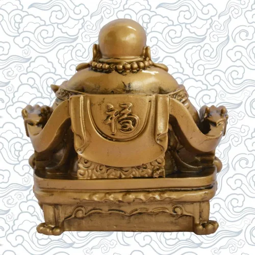 Vista 2 de Feng Shui Buda chino sonriente sentado en silla de dragón, escultura artesanal, riqueza de resina, estatua de la suerte feliz para decoración