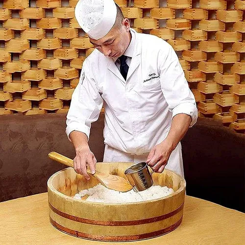 Vista 4 de Tina grande de madera japonesa Hangiri Sushi Arroz Mezclador para Sushi Restaurante Sushi 23 pulgadas/23.6 in Diámetro