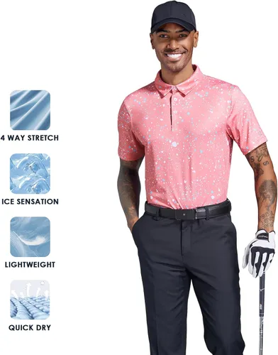 Vista 6 de Camisas de golf para hombre, Dry Fit, de rendimiento, manga corta, estampado, que absorbe la humedad