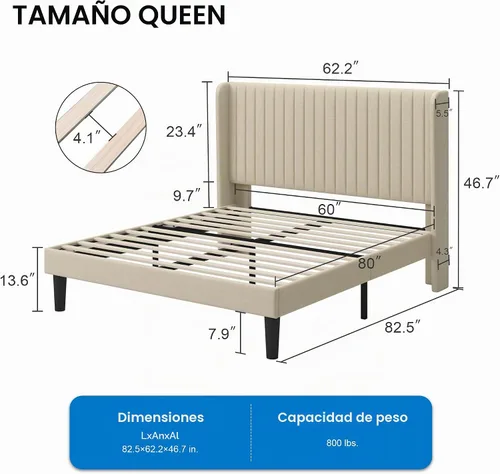Vista 2 de GOLDORO Marco de cama abatible tamaño Queen, cabecera tapizada vertical con botones en forma de ala, soporte de listones de madera, no necesita Beige