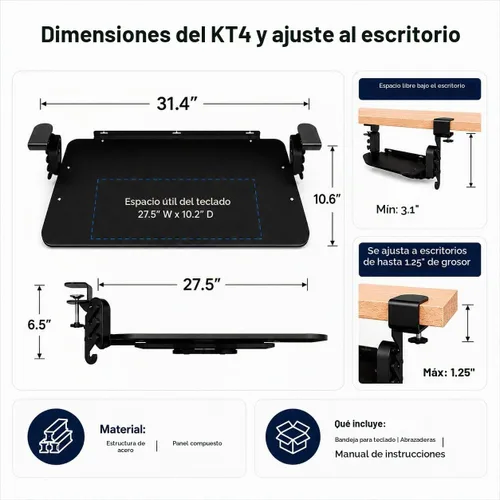 Vista 5 de Bandeja ergonómica para teclado debajo del escritorio con abrazadera deslizante (negro)