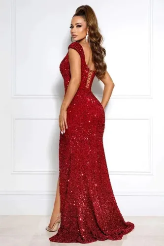 Vista 2 de Brillantes vestidos de fiesta con hendidura vestido largo de lentejuelas sirena con plisado hombro frío vestido de bola para mujer RO032