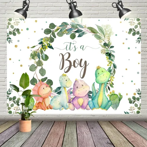 Vista 8 de Decoraciones de dinosaurio para baby shower para niño, telón de fondo de dibujos animados, cactus y hojas de eucalipto, fondo de fotografía