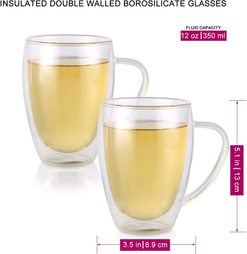Vista 4 de Teabloom Vasos de doble pared, juego de 2 tazas de vidrio aisladas para té, café y más (12 onzas) - Colección Clear Bliss