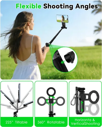 Vista 4 de CloudValley Palo magnético para selfie y mini trípode, estabilizador de mano extensible de rotación de 360°, agarre de cámara con control remoto