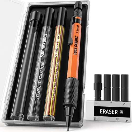 Vista 10 de Four Candies Juego de lápices mecánicos de 1.3mm con 24 repuestos de plomo, lápiz de carpintero de metal resistente a la intemperie para uso pesado