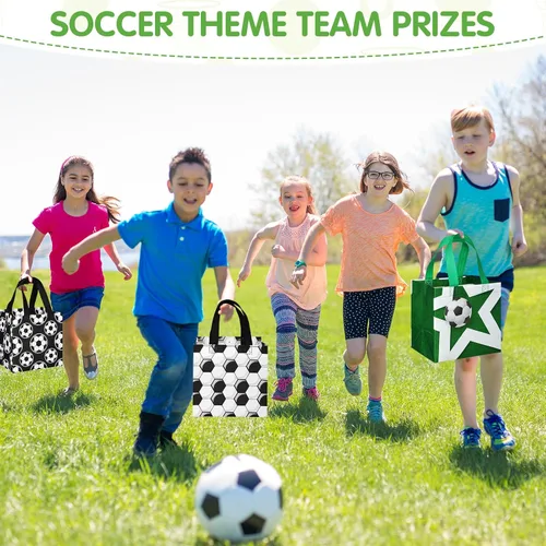 Vista 2 de Kigeli 60 bolsas de golosinas de fútbol, bolsas de regalo de fiesta de fútbol, reutilizables, no tejidas, bolsas de dulces con asas para fiesta