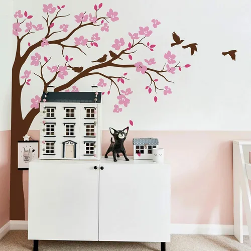 Vista 9 de Adhesivo decorativo para pared de árbol de esquina grande con flores grandes, pájaros y hojas para cuarto de bebé, mural 087