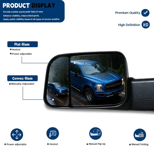 Vista 5 de AERDM Nuevo espejo de remolque con carcasa negra y sensor de temperatura para Ram 1500 2009-2015, Ram 2500 3500 2010-2015, espejos de remolque