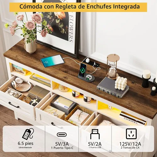 Vista 5 de Hlivelood Cómoda de granja de 9 cajones con luces LED, cómoda grande de 160 cm de ancho para dormitorio, cómoda de madera moderna con organizador