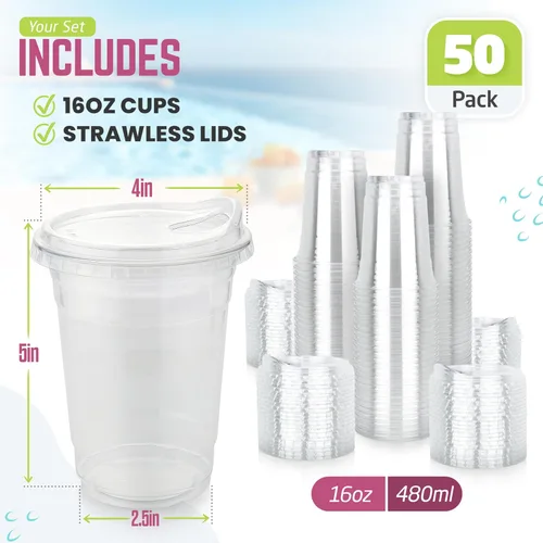 Vista 2 de FROZIP Paquete de 50 tazas de café de plástico de 16 onzas con tapas para sorbos, vasos de plástico transparente con tapas para batidos, café helado
