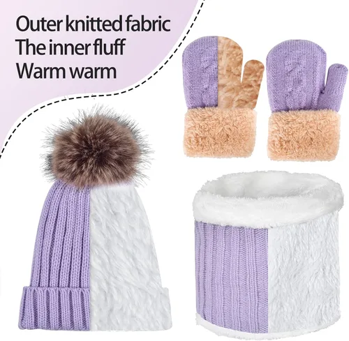 Vista 5 de Conjunto de bufanda y guantes de punto de invierno para niños y niñas con pompón