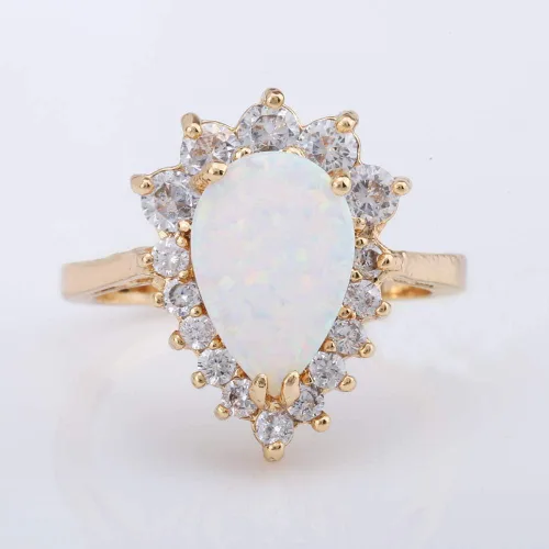 Vista 5 de ZIS Nuevo diseño blanco ópalo de fuego gota de agua 18K chapado en oro CZ piedra anillos de compromiso (8)