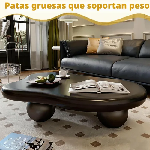 Vista 4 de Mesa de centro en forma de nube de 44 pulgadas, modernas mesas de centro ovaladas irregulares con 3 bases, mesa central color crema para dormitorio