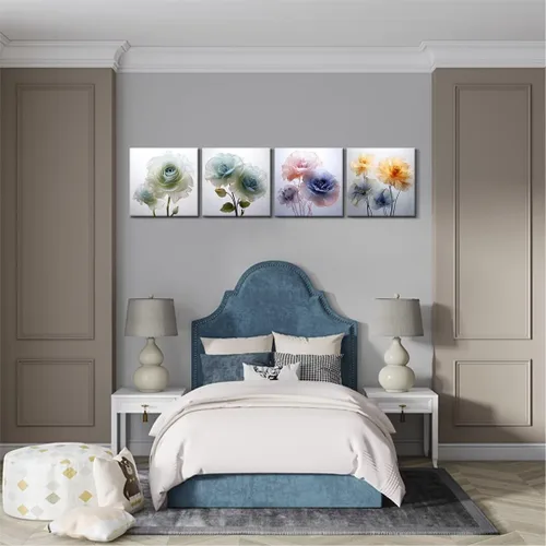 Vista 5 de Wall HDQ Arte de pared de flores para baño, dormitorio, sala de estar, decoración de pared azul y naranja, pintura floral, lienzo impreso, imagen