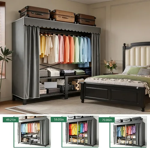 Vista 8 de Garment Rack with Cover Heavy Duty Portable Wardrobe Closet Grey 49.25in