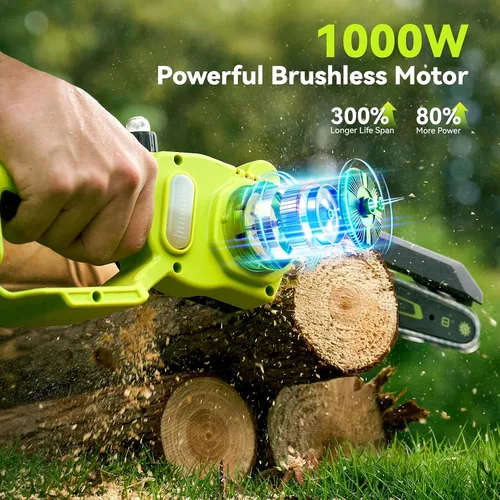 Vista 3 de Mini motosierra inalámbrica, motosierra eléctrica de 8 pulgadas y 6 pulgadas, funciona con pilas, 1000 W sin escobillas de mano con 2