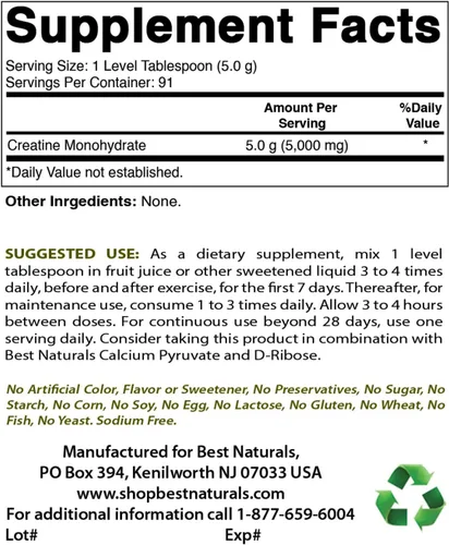 Vista 2 de Best Naturals Monohidrato de creatina, 1 libra de polvo puro (1 libra (paquete de 2))