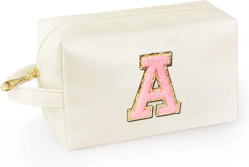 Vista 55 de Bolsa de maquillaje personalizada con inicial con asa, bolsa de cosméticos de preparación con bolsillo interior con cremallera, 8, 9, 10, 11, 12 Rosa