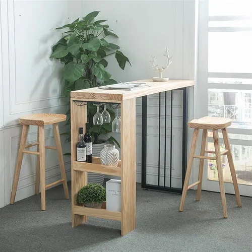 Vista 3 de Mesa de barra de altura nórdica moderna barra de madera maciza para el hogar multifuncional sala de estar Bar con estante Tienda de té con leche