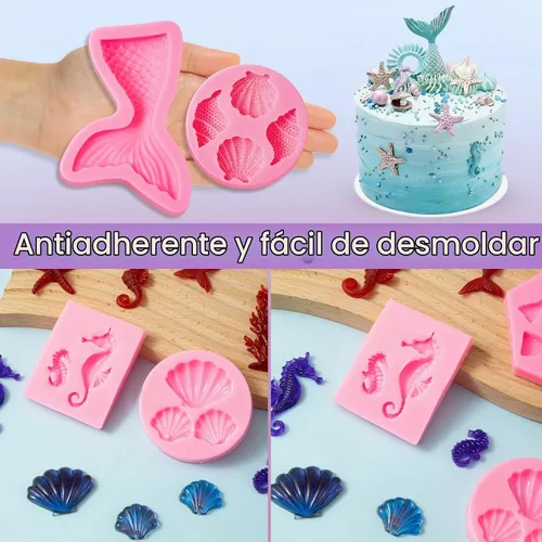 Vista 6 de Elfkitwang Molde de silicona para fondant de temática marina, concha, cola de sirena, caballito de mar, estrella de mar, coral, herramientas