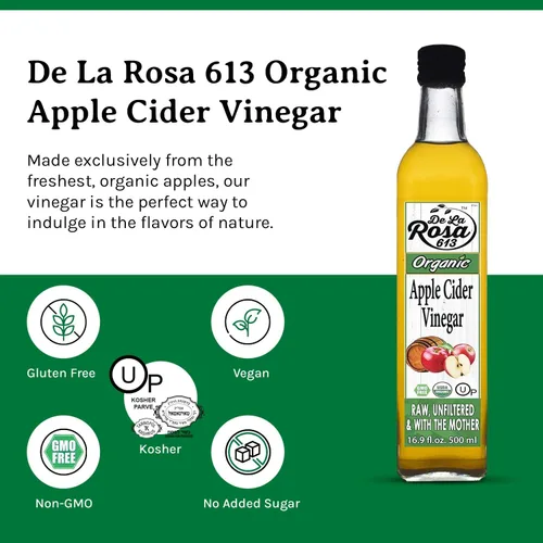 Vista 3 de De La Rosa Vinagre de sidra de manzana orgánico, crudo y sin filtrar, Kosher para Pascua, vegano y sin gluten, ideal para aderezos de ensaladas