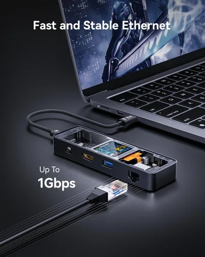 Vista 4 de DOCKCASE Explorer Edition Visual Smart USB C Hub (6 en 1) con puerto HDMI 4K a 60 Hz, Gigabit Ethernet, USB-C y 2 puertos de datos USB-A de 5 Gbps