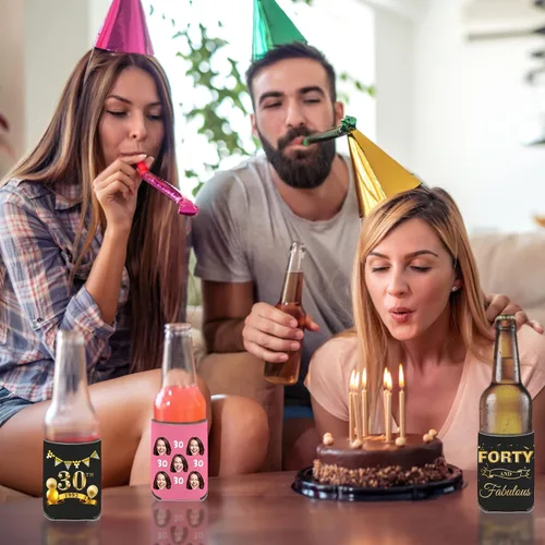Vista 6 de Fundas enfriadoras de latas de cumpleaños, soporte personalizado para botellas de cerveza a granel con nombre de foto, suministros para fiestas