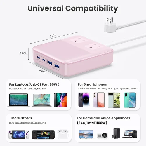 Vista 11 de Estación de carga de 135W con tira de alimentación USB C, bloque cargador USB C GaN 6 en 1 con enchufe y cable de 5 pies, 2 AC, 2 USB-A, 2 USB-C