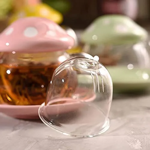 Vista 6 de Taza de té de cristal con forma de hongo Juego de platillo de té taza de café con taza de filtro