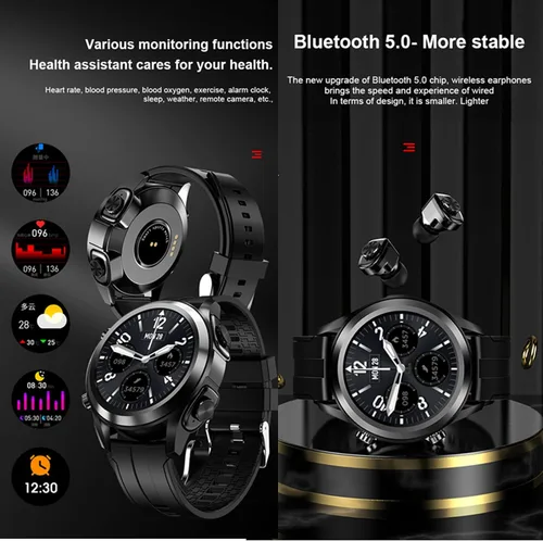 Vista 4 de Tuanzi Reloj inteligente T10 con auriculares 1.28 pulgadas 2 en 1 Smartwatch integrado inalámbrico combinado TWS HiFi auriculares estéreo Monitor