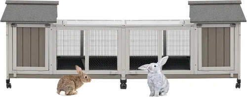 Vista 12 de Gowoodhut Conejera de 38.19 pulgadas de largo para interiores y exteriores con 4 ruedas, jaula de madera para conejo con bandeja extraíble a prueba