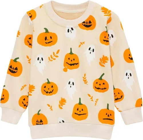 Vista 4 de HILEELANG Sudaderas de Halloween para niños pequeños, de algodón, sin botones, con estampado de calabaza, murciélago, boo, para niños y niñas