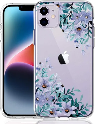 Vista 11 de Compatible con iPhone 11, funda transparente con flores florales a prueba de golpes, parte trasera dura, delgada, bonita funda transparente